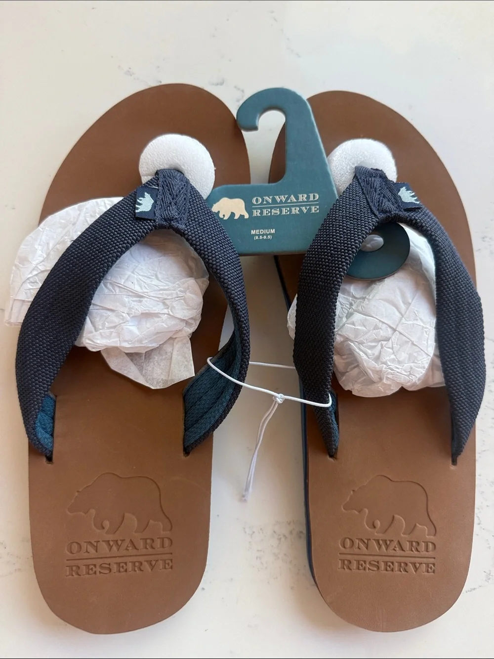 Onward Reserve Leather Flip Flop Sandals  Navy Nylon Straps Size Medium 8.5-9.5
